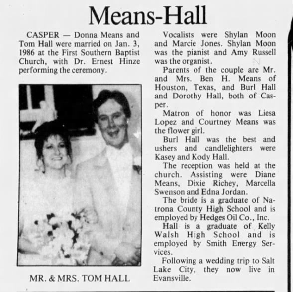 Tom Hall - Wedding Casper Star Tribune - Jan 3, 1986